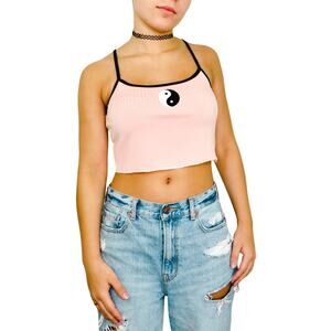 Cider Cute Y2k Pastel Pink Ying Yang Ribbed Knit Cropped Tank Cami Medium